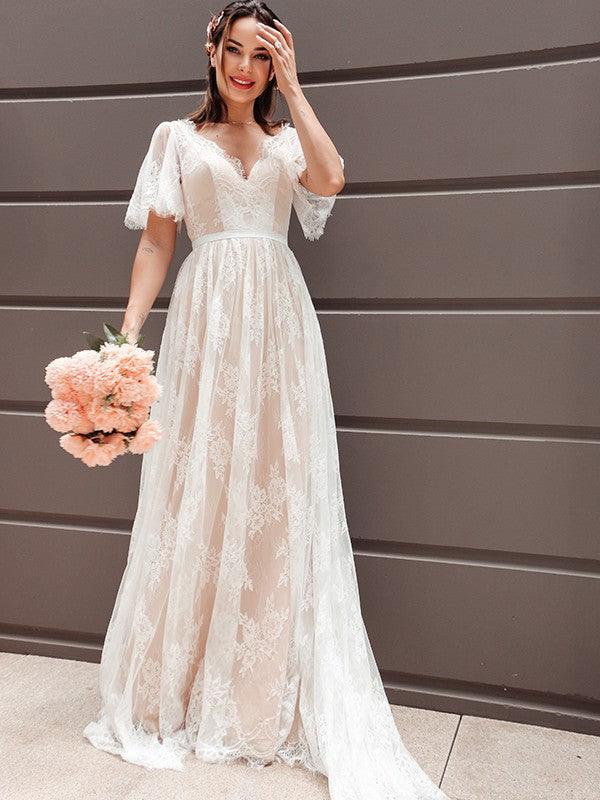 Vestidos de novia Numbersea de corte A, estilo princesa, mangas cortas, encaje, escote en V, faja, cinturón, cola barrida