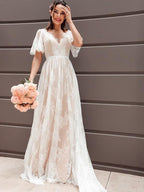 Vestidos de novia Numbersea de corte A, estilo princesa, mangas cortas, encaje, escote en V, faja, cinturón, cola barrida
