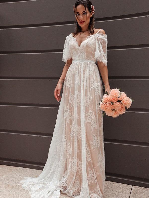 Vestidos de novia Numbersea de corte A, estilo princesa, mangas cortas, encaje, escote en V, faja, cinturón, cola barrida