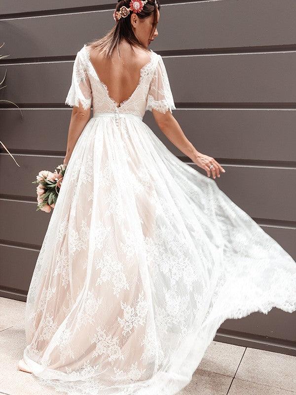 Vestidos de novia Numbersea de corte A, estilo princesa, mangas cortas, encaje, escote en V, faja, cinturón, cola barrida
