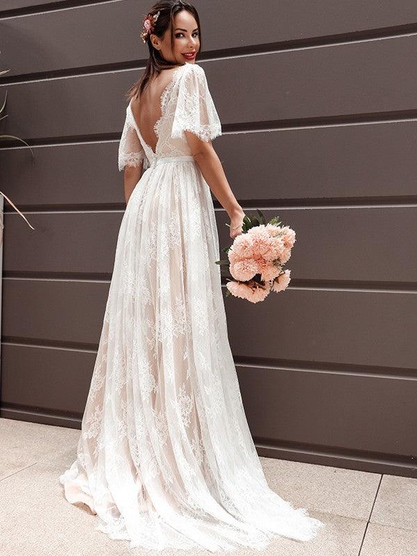 Vestidos de novia Numbersea de corte A, estilo princesa, mangas cortas, encaje, escote en V, faja, cinturón, cola barrida