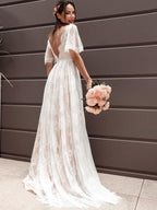 Vestidos de novia Numbersea de corte A, estilo princesa, mangas cortas, encaje, escote en V, faja, cinturón, cola barrida