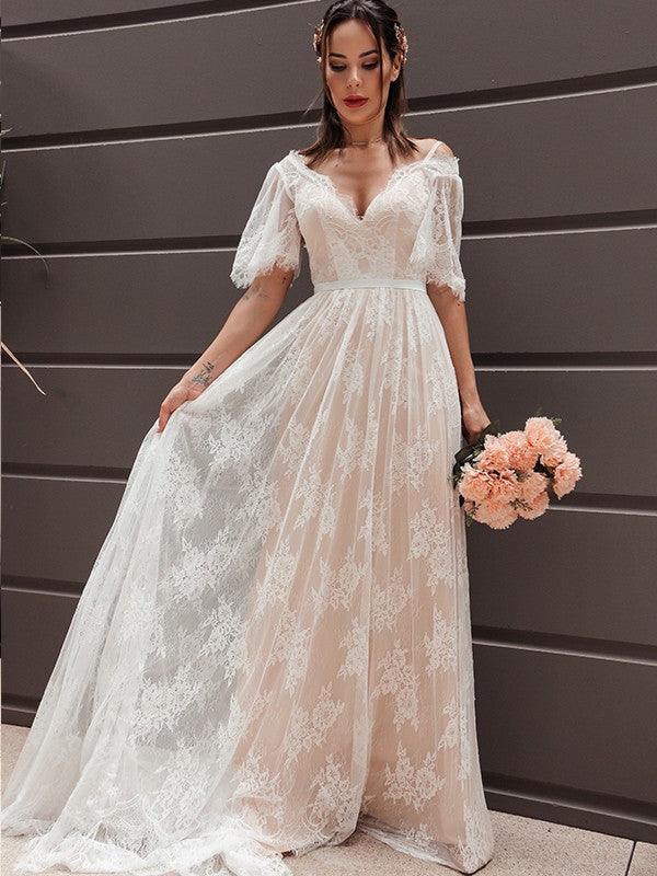 Vestidos de novia Numbersea de corte A, estilo princesa, mangas cortas, encaje, escote en V, faja, cinturón, cola barrida
