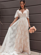 Vestidos de novia Numbersea de corte A, estilo princesa, mangas cortas, encaje, escote en V, faja, cinturón, cola barrida