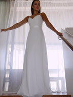 Sheath/Column Chiffon Lace Spaghetti Straps Sleeveless Floor-Length Wedding Dresses