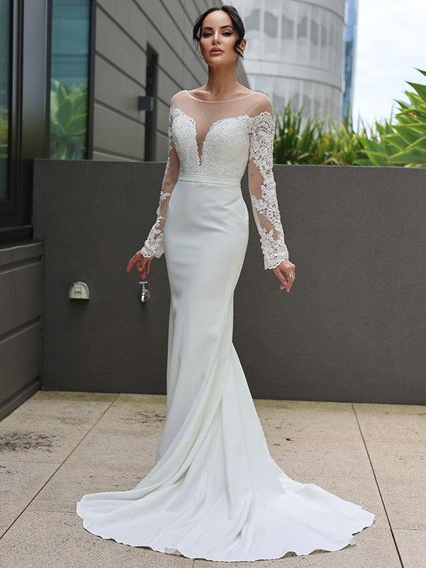 Vestidos de novia Numbersea con escote en V, corte tubo, encaje de crepé elástico, mangas largas y cola larga