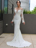 Vestidos de novia Numbersea con escote en V, corte tubo, encaje de crepé elástico, mangas largas y cola larga