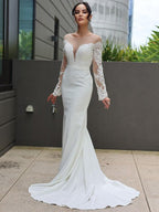 Vestidos de novia Numbersea con escote en V, corte tubo, encaje de crepé elástico, mangas largas y cola larga