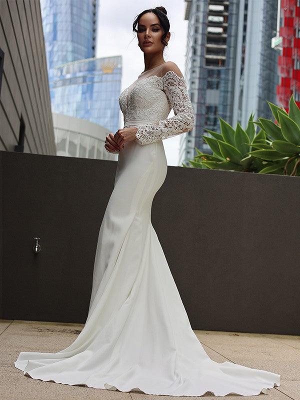 Vestidos de novia Numbersea con escote en V, corte tubo, encaje de crepé elástico, mangas largas y cola larga