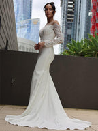 Vestidos de novia Numbersea con escote en V, corte tubo, encaje de crepé elástico, mangas largas y cola larga