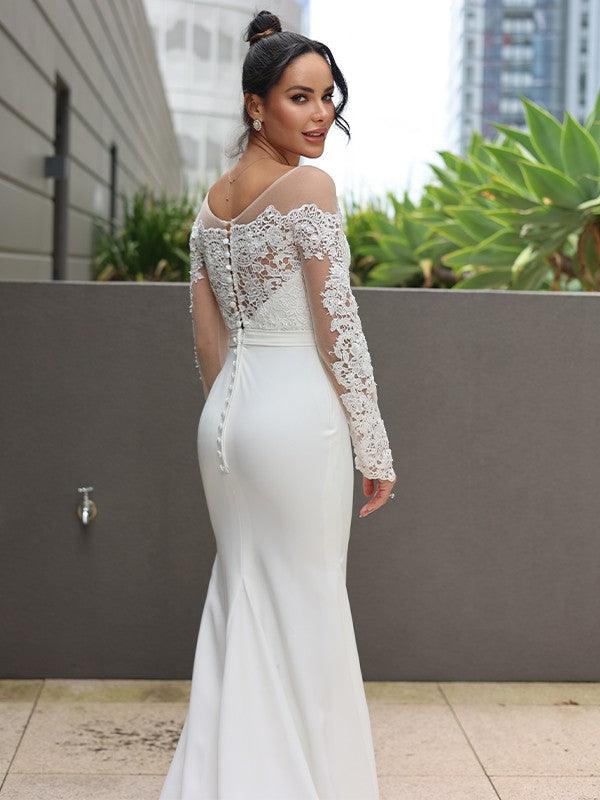 Vestidos de novia Numbersea con escote en V, corte tubo, encaje de crepé elástico, mangas largas y cola larga