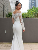Vestidos de novia Numbersea con escote en V, corte tubo, encaje de crepé elástico, mangas largas y cola larga