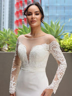 Vestidos de novia Numbersea con escote en V, corte tubo, encaje de crepé elástico, mangas largas y cola larga