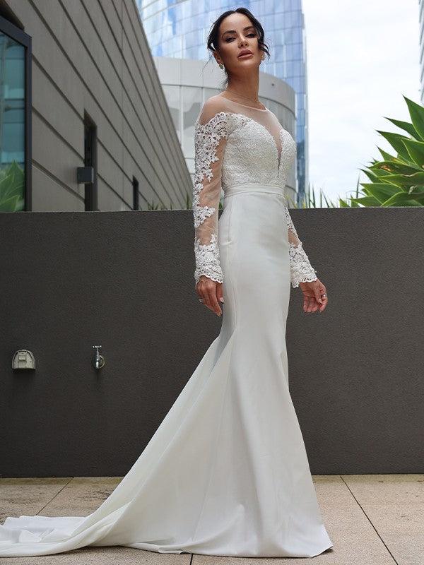 Vestidos de novia Numbersea con escote en V, corte tubo, encaje de crepé elástico, mangas largas y cola larga