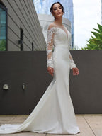 Vestidos de novia Numbersea con escote en V, corte tubo, encaje de crepé elástico, mangas largas y cola larga