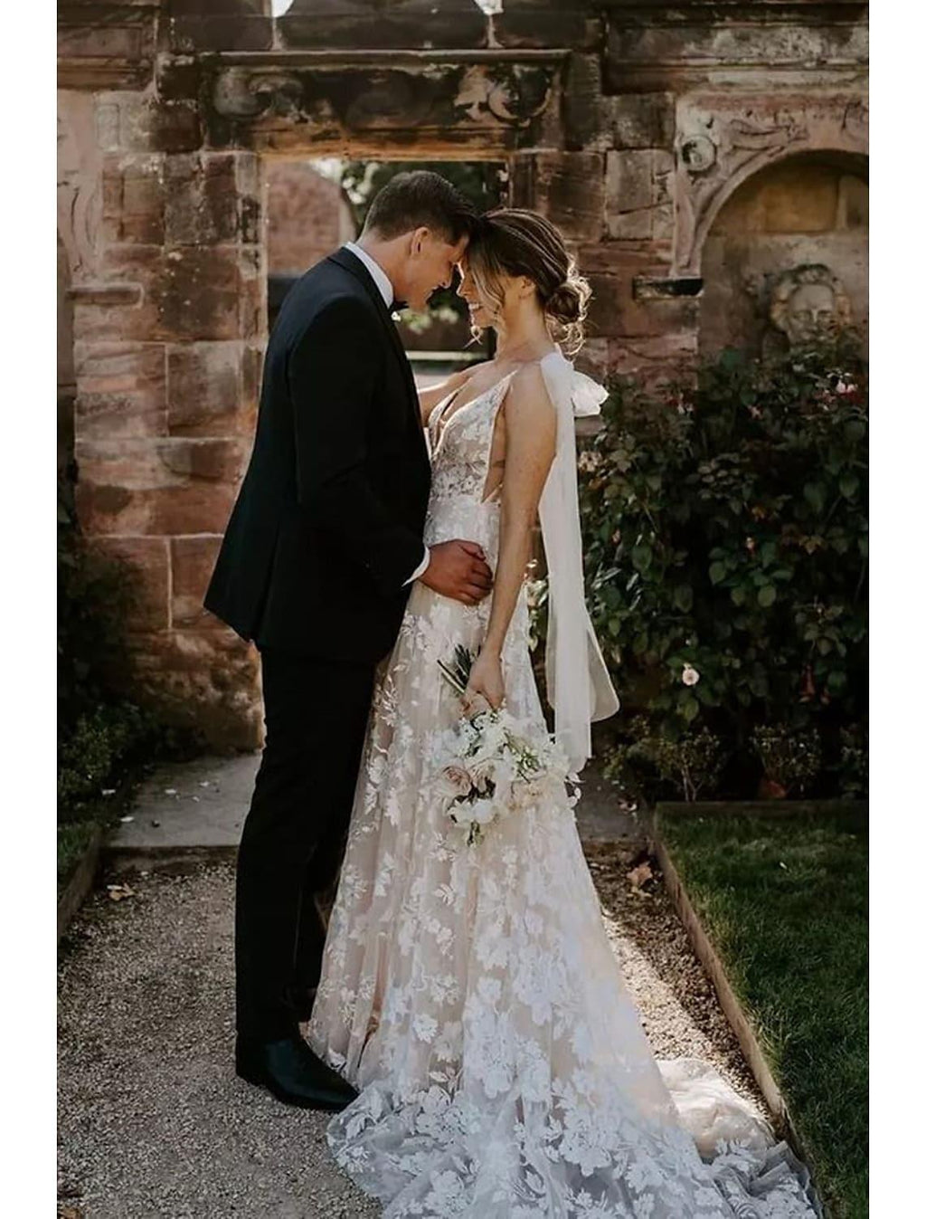 Vestidos de novia formales de compromiso, corte sirena/trompeta, manga larga, escote en V, encaje y apliques