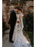 Vestidos de novia formales de compromiso, corte sirena/trompeta, manga larga, escote en V, encaje y apliques