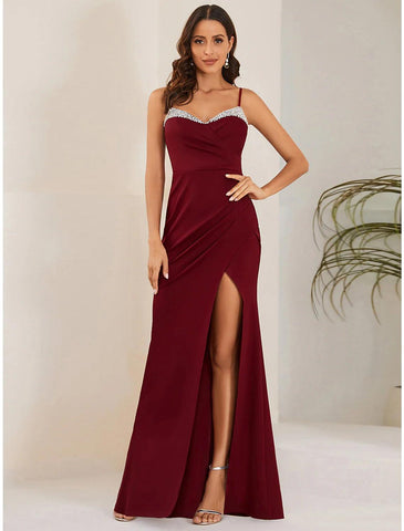 Meerjungfrau/Trompete Hochzeitsgastkleider Sexy Kleid Formell Black Tie Bodenlang Ärmellos Spaghettiträger Stretchstoff mit Schlitz Reine Farbe