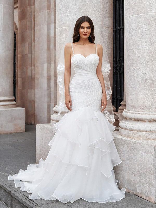 Vestidos de novia de corte sirena/trompeta, capas, tirantes finos, organza, sin mangas, cola larga