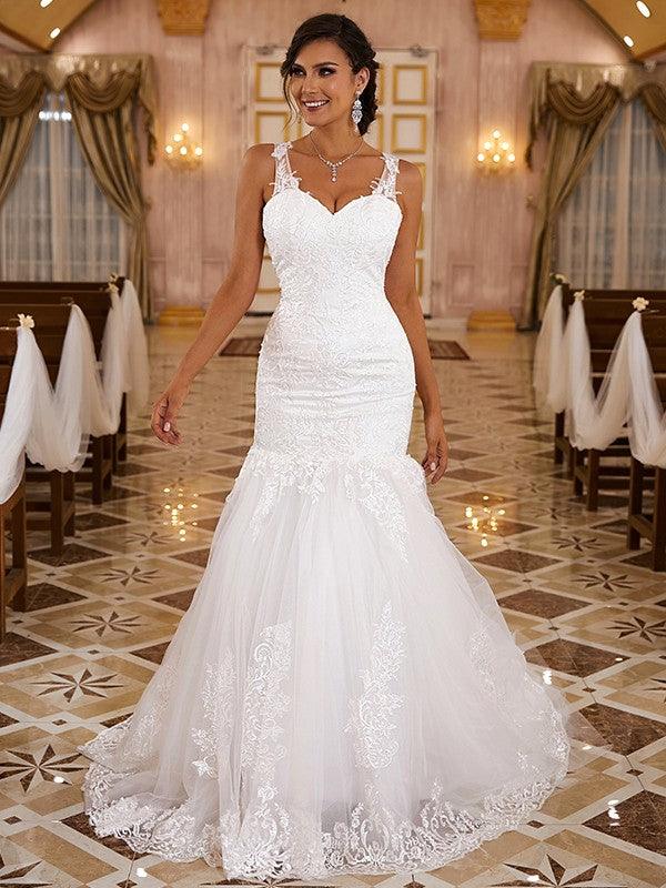 Vestidos de novia con apliques de encaje, corte trompeta/sirena, escote en V, sin mangas y cola larga