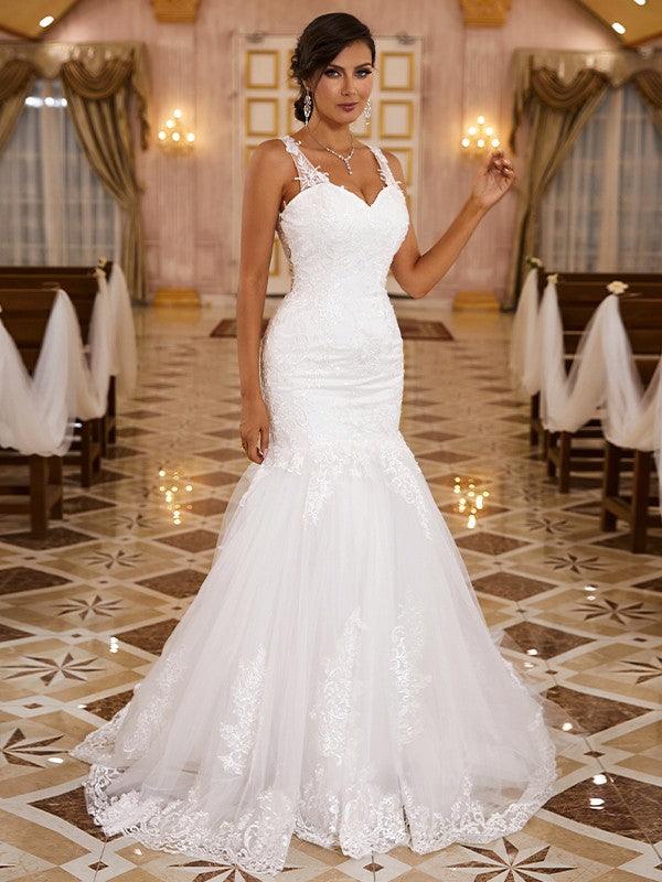Vestidos de novia con apliques de encaje, corte trompeta/sirena, escote en V, sin mangas y cola larga