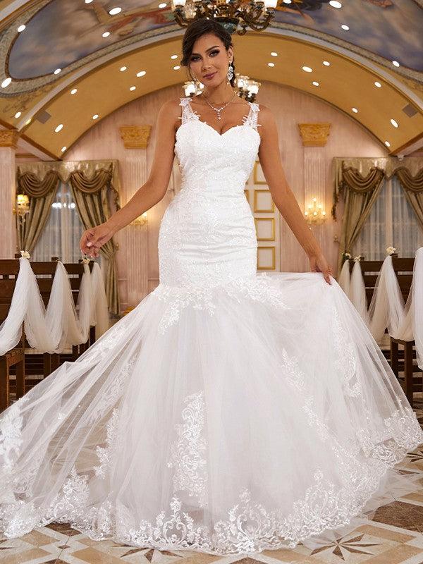 Vestidos de novia con apliques de encaje, corte trompeta/sirena, escote en V, sin mangas y cola larga