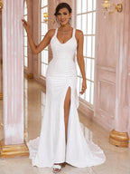 Vestidos de novia Numbersea con escote en V, sin mangas, corte tubo, de crepé elástico, lazo y cola larga