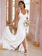 Vestidos de novia Numbersea con escote en V, sin mangas, corte tubo, de crepé elástico, lazo y cola larga