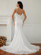 Sheath/Column Stretch Crepe Lace V-neck Sleeveless Court Train Wedding Dresses