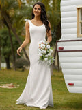 Vestidos de novia Numbersea con escote en V, corte tubo, crepé elástico, tirantes con lazo, sin mangas y cola larga