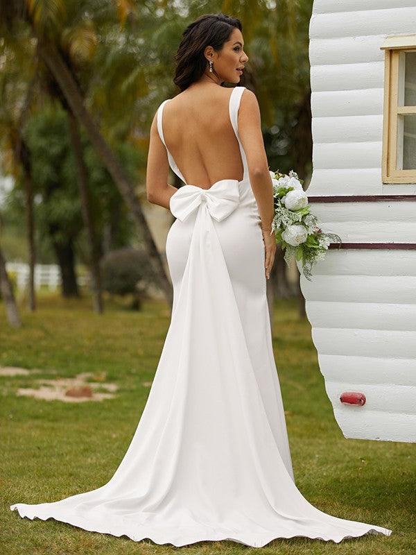 Vestidos de novia Numbersea con escote en V, corte tubo, crepé elástico, tirantes con lazo, sin mangas y cola larga