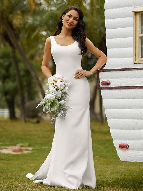 Vestidos de novia Numbersea con escote en V, corte tubo, crepé elástico, tirantes con lazo, sin mangas y cola larga