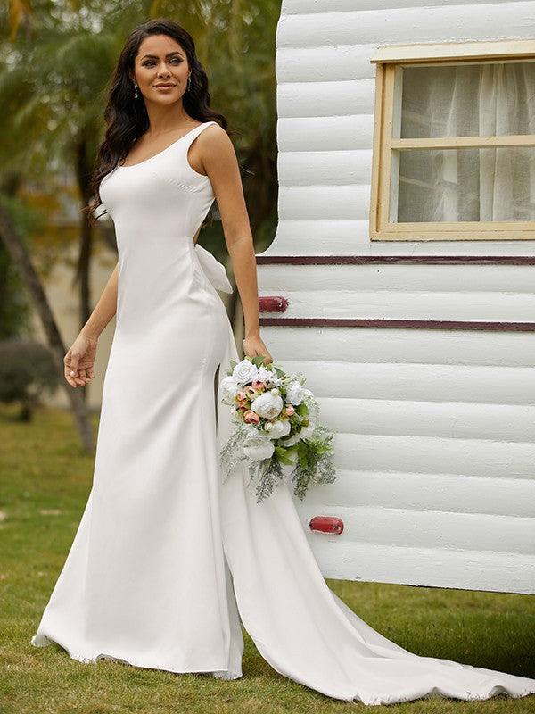 Vestidos de novia Numbersea con escote en V, corte tubo, crepé elástico, tirantes con lazo, sin mangas y cola larga