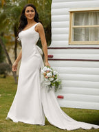 Vestidos de novia Numbersea con escote en V, corte tubo, crepé elástico, tirantes con lazo, sin mangas y cola larga