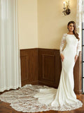 Vestidos de novia Numbersea con corte sirena, columna, encaje crepé elástico, escote redondo, mangas largas, cola catedral