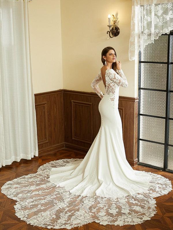 Vestidos de novia Numbersea con corte sirena, columna, encaje crepé elástico, escote redondo, mangas largas, cola catedral