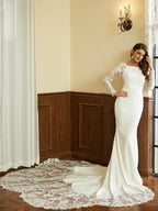 Vestidos de novia Numbersea con corte sirena, columna, encaje crepé elástico, escote redondo, mangas largas, cola catedral