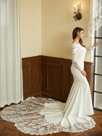 Vestidos de novia Numbersea con corte sirena, columna, encaje crepé elástico, escote redondo, mangas largas, cola catedral
