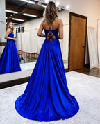 Vestido de fiesta corte A tirantes finos corsé espalda con abertura