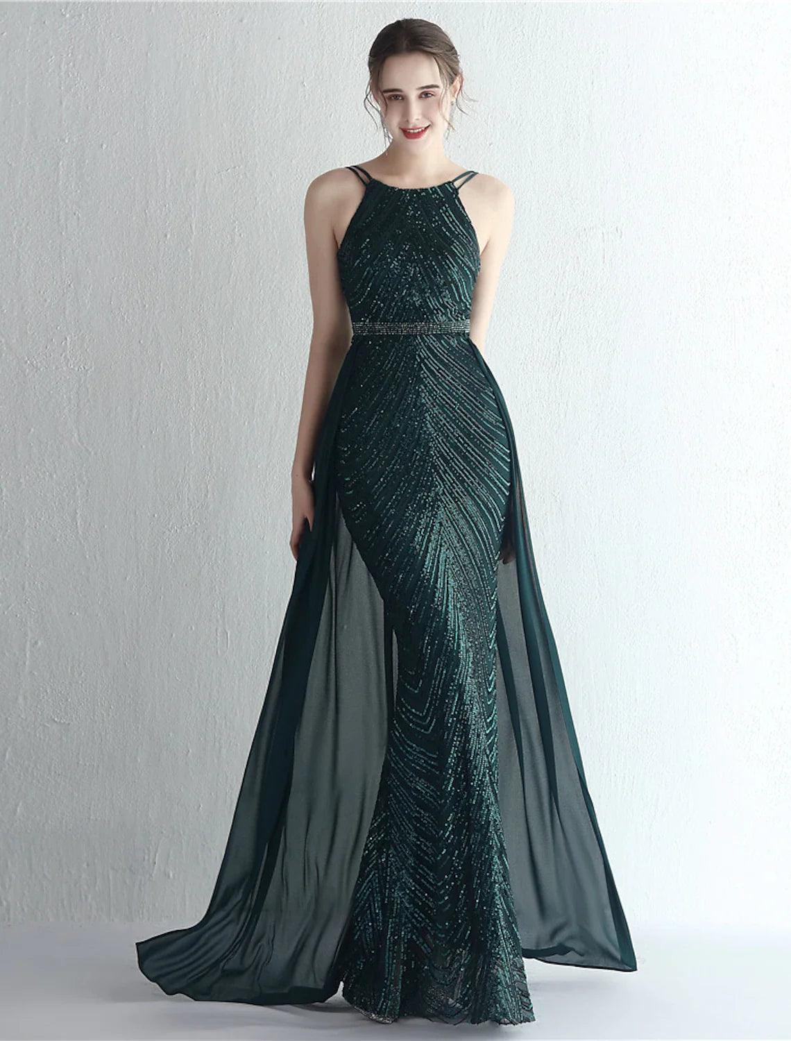 Vestidos de fiesta de sirena/trompeta con brillo y brillo, vestido formal para invitados de boda, largo hasta el suelo, sin mangas, cuello halter, gasa con cuentas y lentejuelas