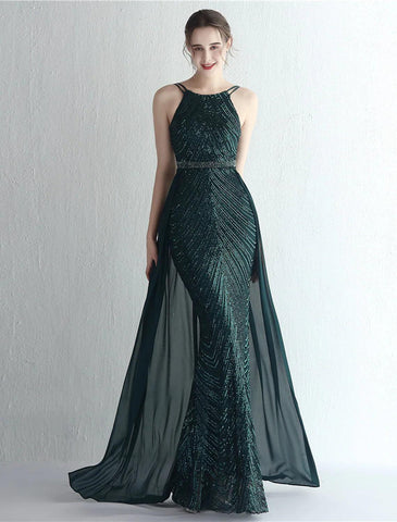 Meerjungfrau/Trompete Ballkleider Sparkle &amp; Shine Kleid Formelle Hochzeitsgast Bodenlang Ärmellos Neckholder Chiffon mit Perlen Pailletten