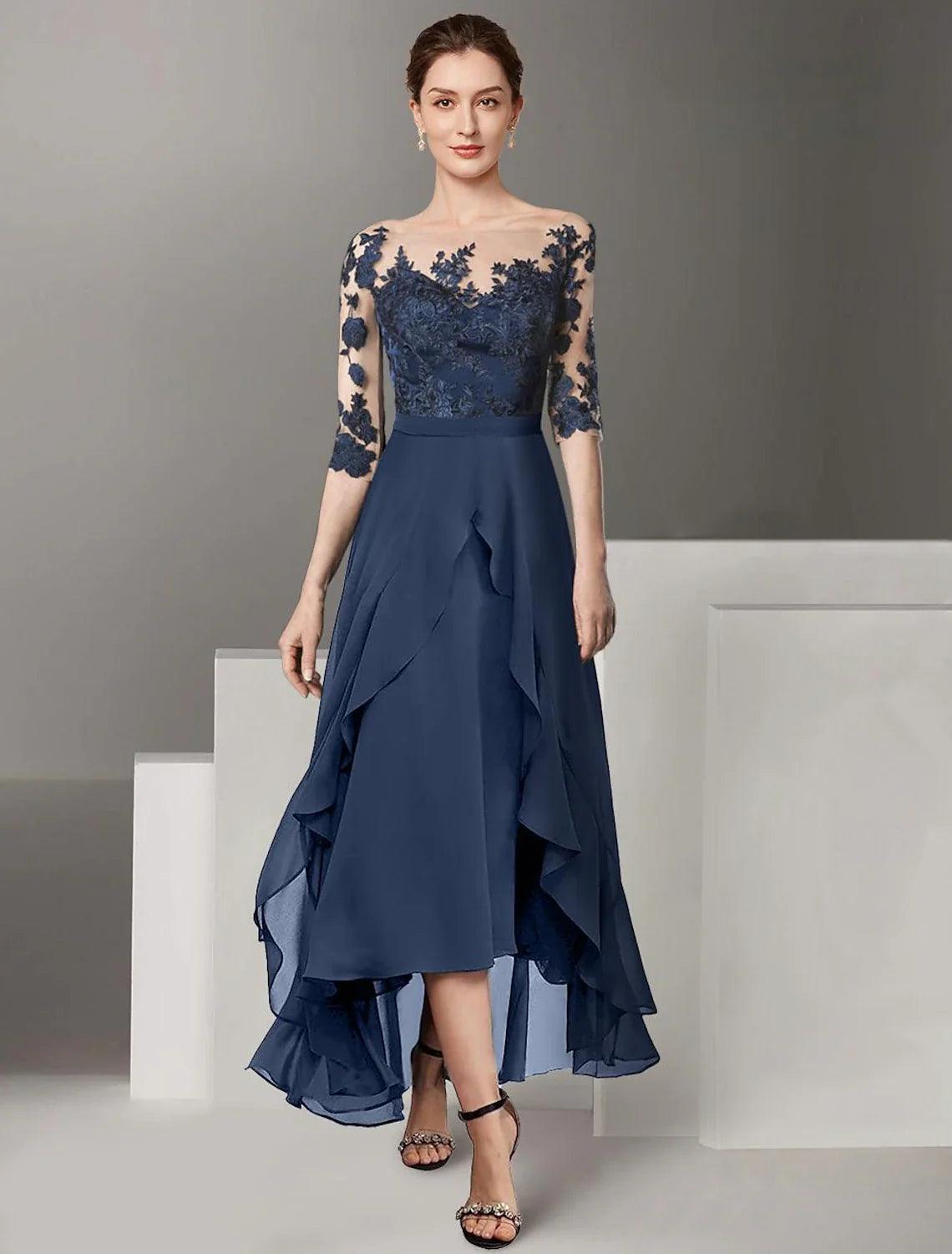Formelles Hochzeitsgast-Kleid, elegant, schulterfrei, knöchellang, Chiffon, Spitze, halbe Ärmel, mit Faltenapplikationen, Mutter der Braut