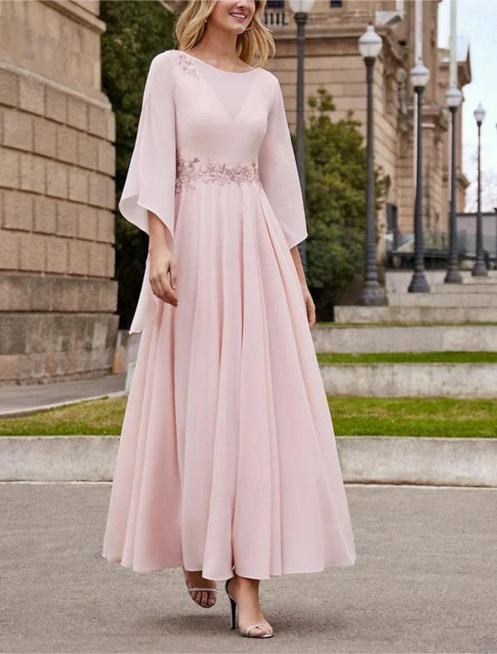Vestidos elegantes Formal Invitada de boda Elegante Vestido elegante Cuello largo hasta los tobillos Gasa Manga 3/4 con cuentas Lentejuelas Vestido de madre de la novia