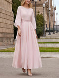 Vestidos elegantes Formal Invitada de boda Elegante Vestido elegante Cuello largo hasta los tobillos Gasa Manga 3/4 con cuentas Lentejuelas Vestido de madre de la novia