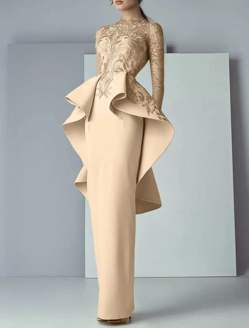 Etui-/Säulenkleid für die Mutter der Braut, formelle Hochzeitsgastparty, eleganter Rundhalsausschnitt, bodenlange Spitze, Stretchstoff, lange Ärmel mit Rüschenapplikationen