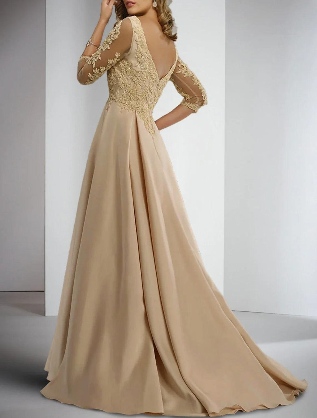 Etui-Linie/Säulenkleid für die Mutter der Braut, formelle Hochzeitsgäste, elegant, V-Ausschnitt, bodenlang, Satinspitze, 3/4-Ärmel mit Applikationen