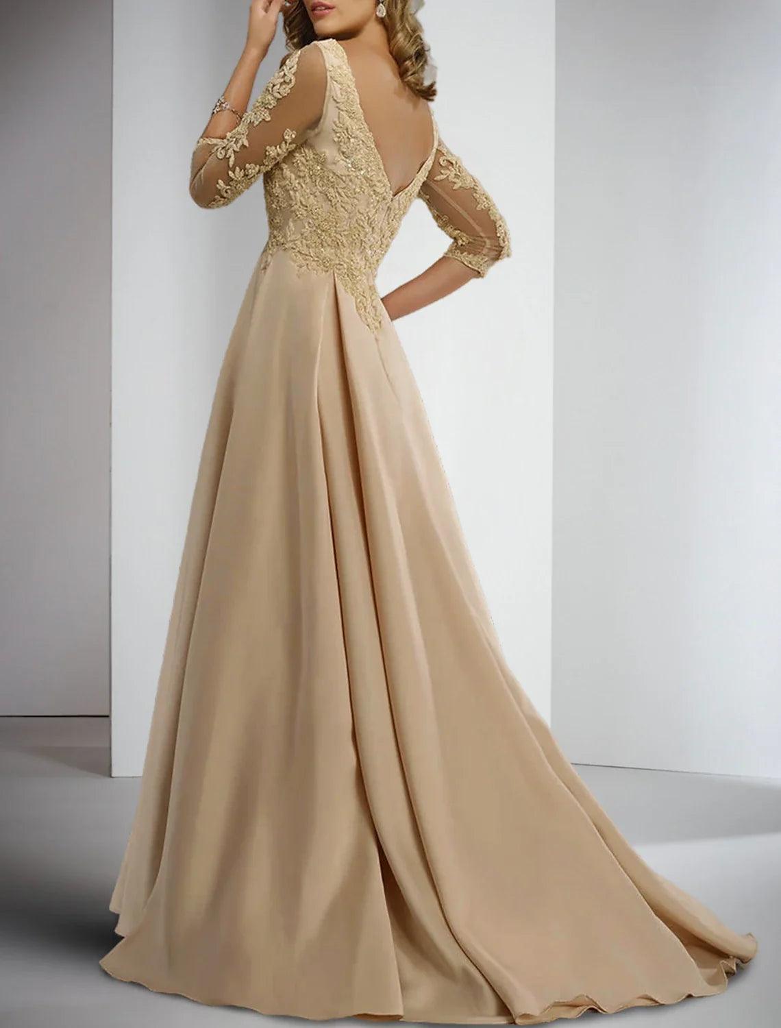 Etui-Linie/Säulenkleid für die Mutter der Braut, formelle Hochzeitsgäste, elegant, V-Ausschnitt, bodenlang, Satinspitze, 3/4-Ärmel mit Applikationen