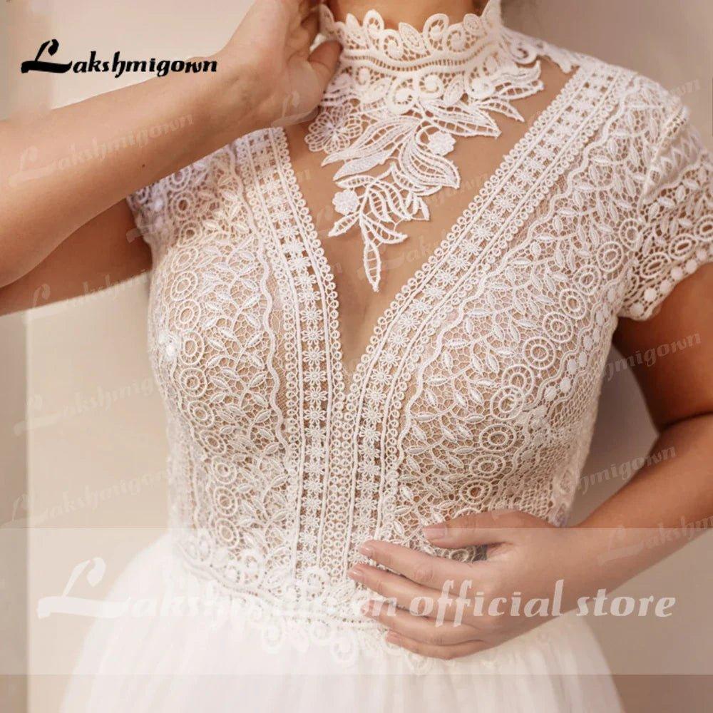 NumberSea - High Collar Short Sleeve Wedding Dresses Tulle Appliques Pearls Covered Button A - Line Bridal Gowns NumberSea