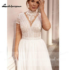 NumberSea - High Collar Short Sleeve Wedding Dresses Tulle Appliques Pearls Covered Button A - Line Bridal Gowns NumberSea