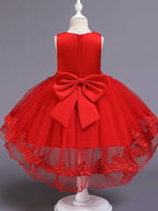 High Low Ballkleid Tüll Juwel-Ausschnitt Hochzeit Party Blumenmädchenkleider